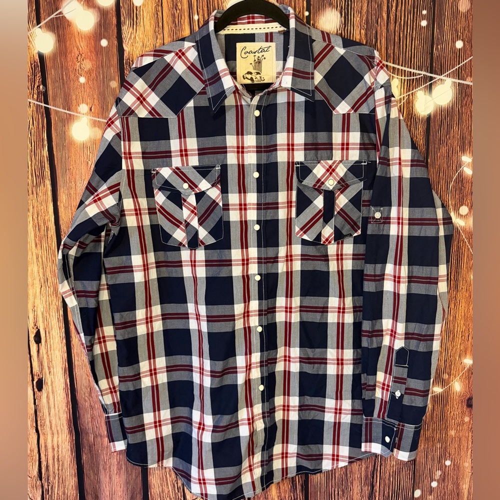 Coastal Men's Classic Plaid Pearl Snap Button Down Shirt - Navy, Red, and White